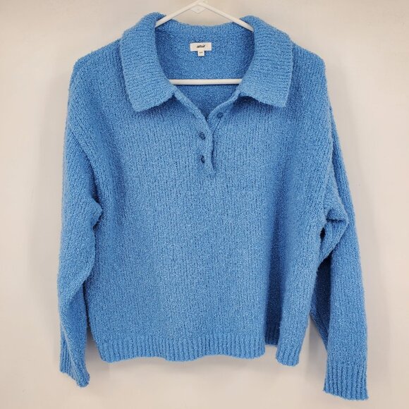 Aerie Women's Blue Textured Folded Collar Henley Neck Boxy Shirt Size Small - Picture 1 of 7